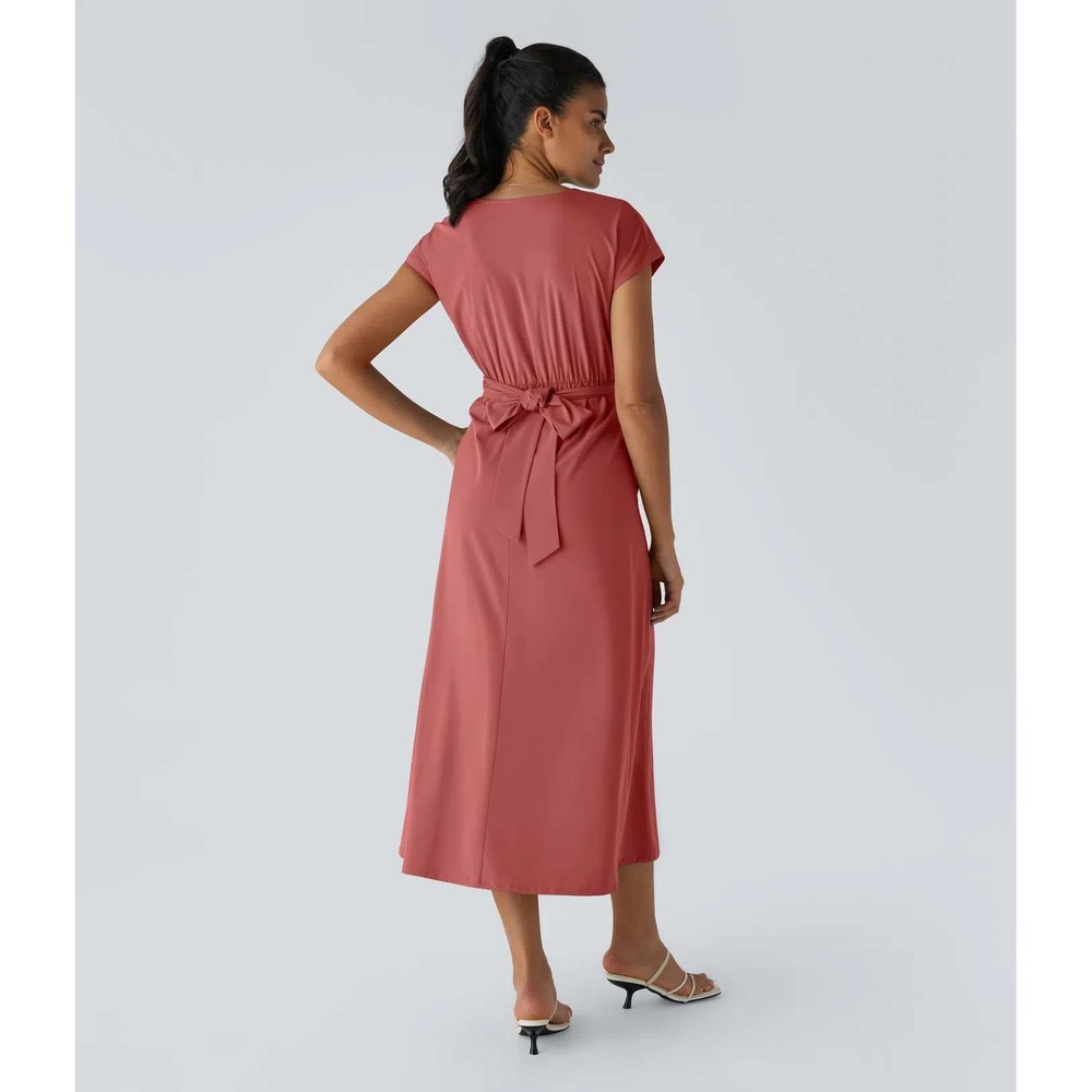 NEW Breezeful V-Neck Short Sleeve Pocket Tie Quick Dry Midi Dress Pink Mediium - Picture 2 of 16